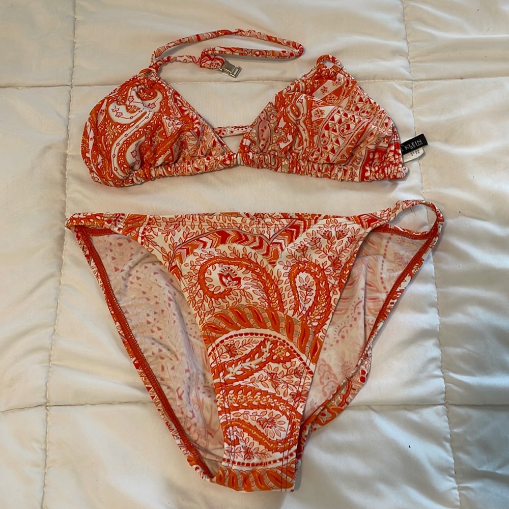Anne Klein paisley bikini swimsuit 2 piece bathing suit red white womens size 6
